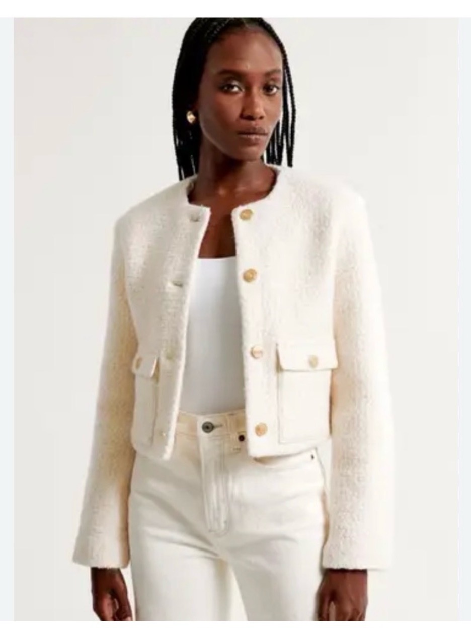 Abercrombie & Fitch Women's Cream Boucl Tweed Collar-Less Button Front Jacket